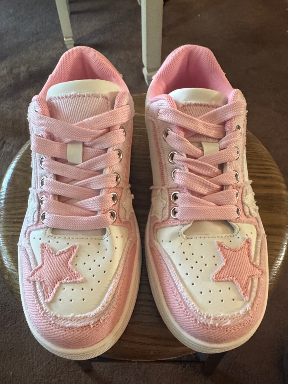 Girls Pink Star Lace-Up Sneakers - Comfortable Everyday Shoes
